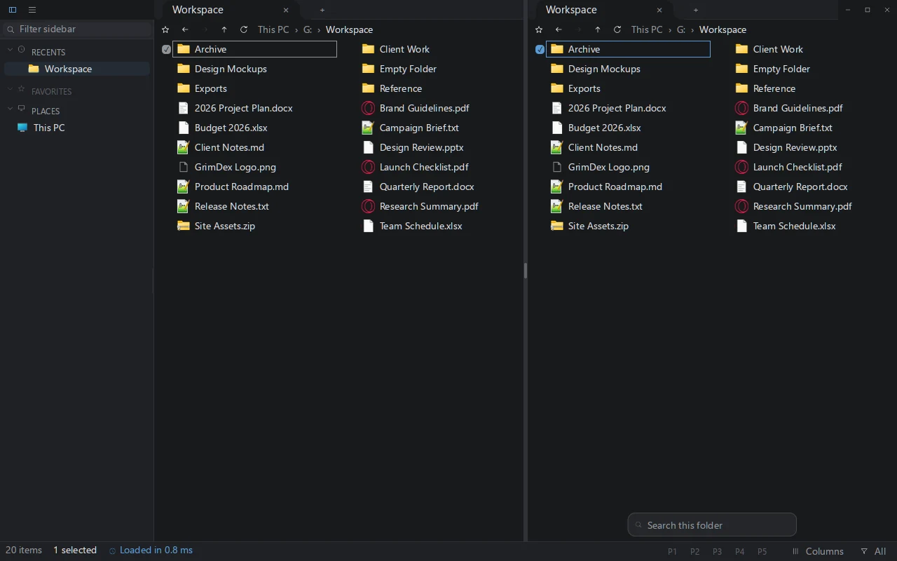 GrimDex showing two file panes side by side.